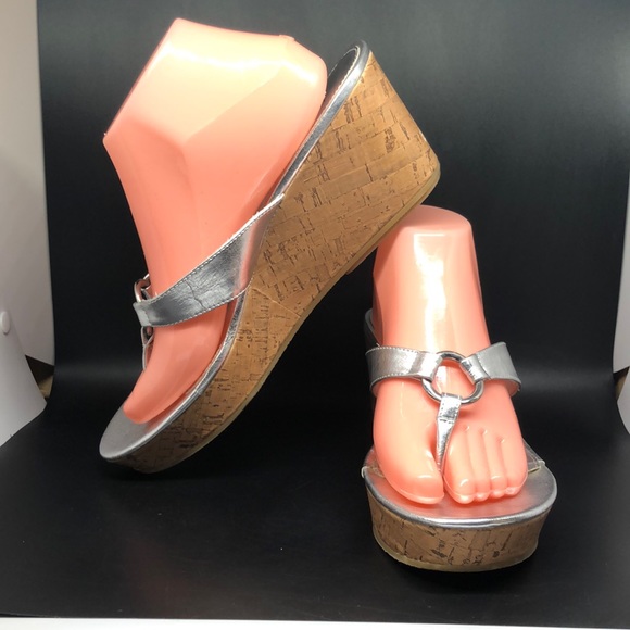 Rampage metallic Silver Cork platform Wedge sandals 10 - Picture 1 of 9